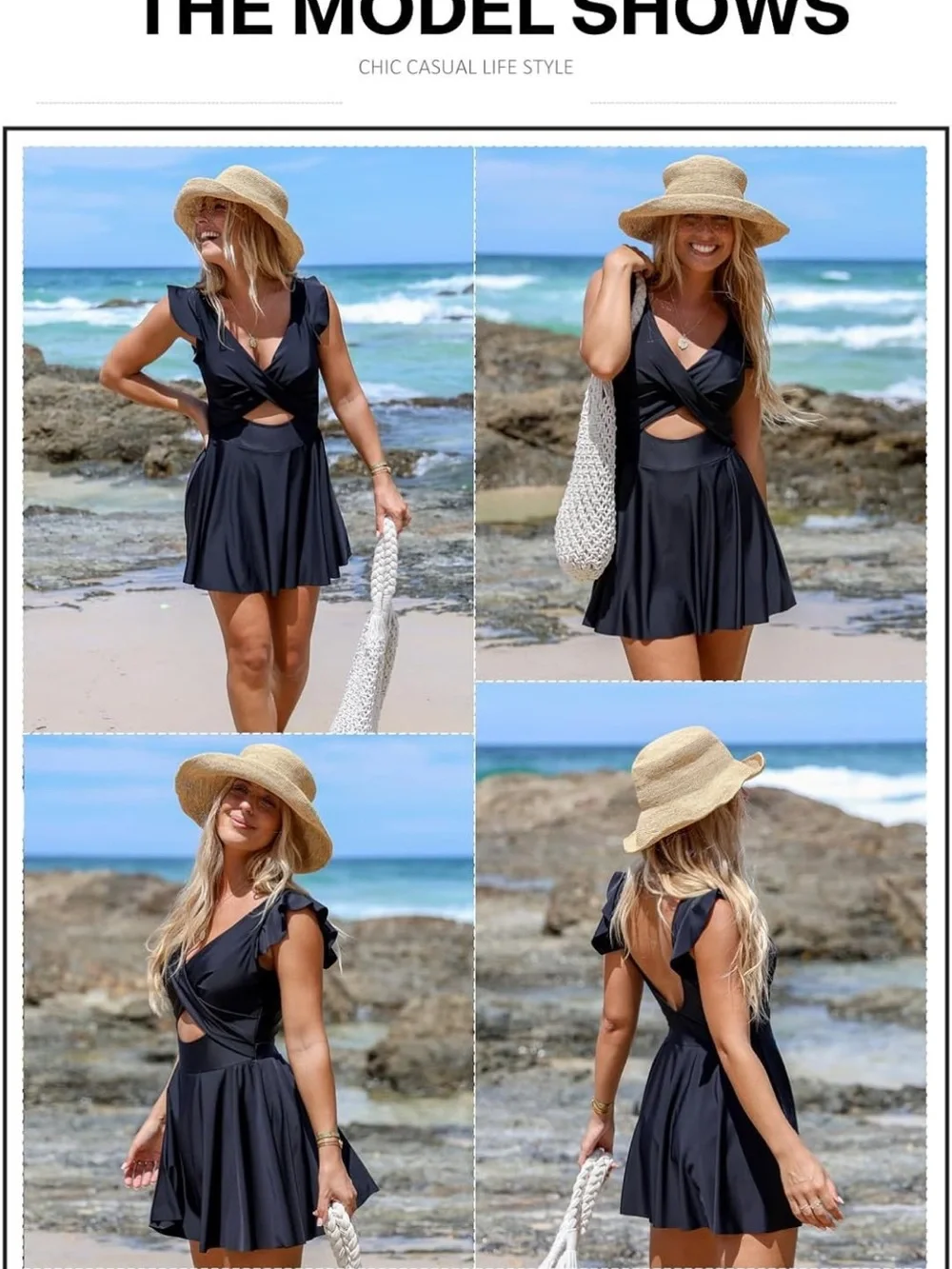 Black Flutter Sleeve Cutout Swim Dress Sz Large NWOT